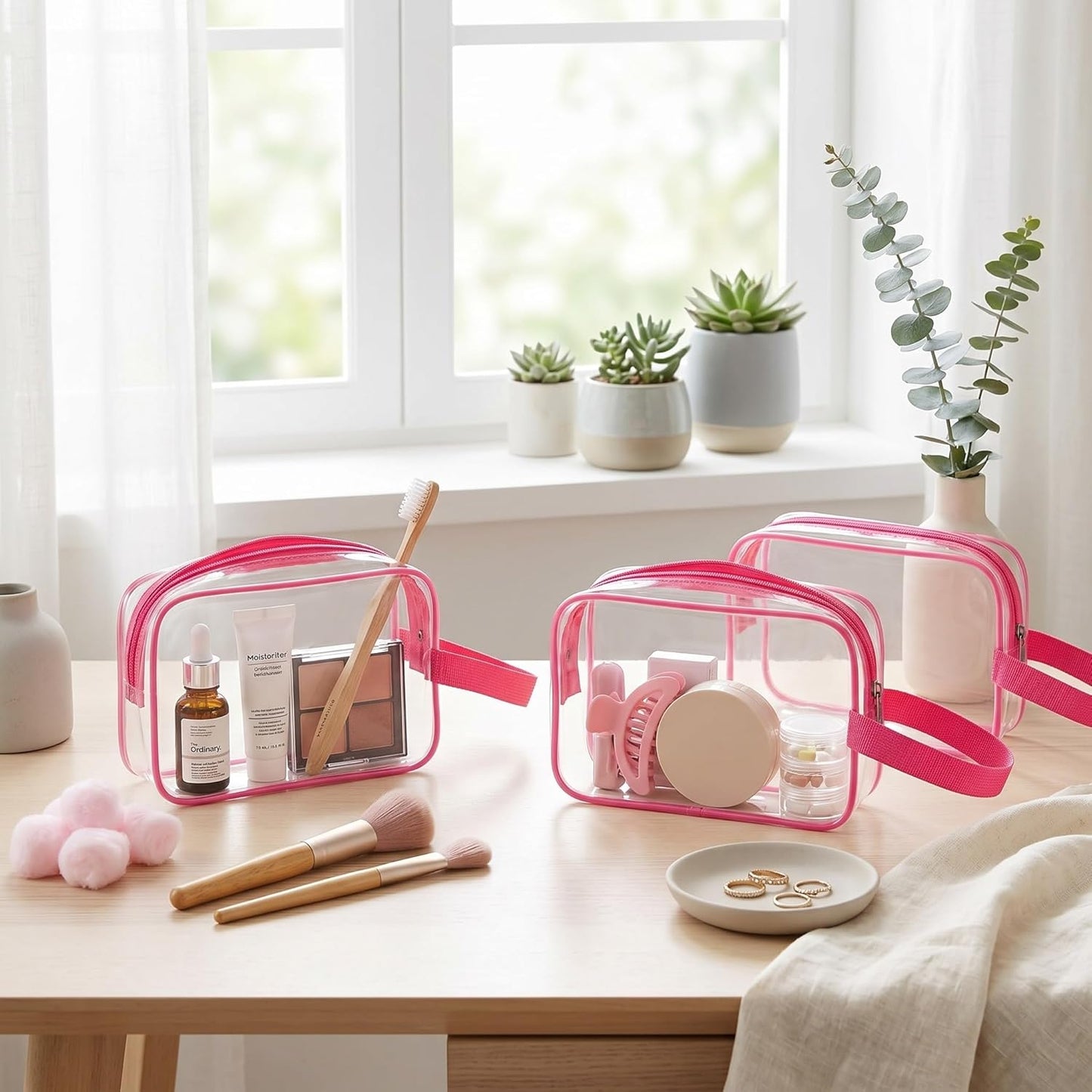 Clear Toiletry Bag - PVC Travel Cosmetic Pouch with Handle Strap | Rose Pink, 24 Pack for Summer Vacation & Gifts