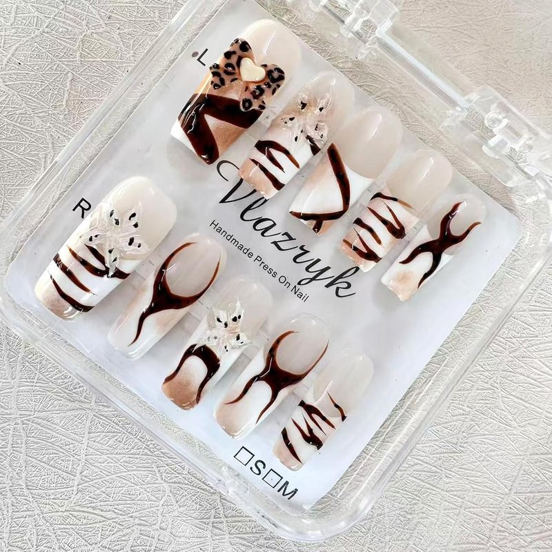 Handmade Press-On Nails - Long Square French False Nails with Charms | 3D Flower, Leopard & Star Designs, Size M