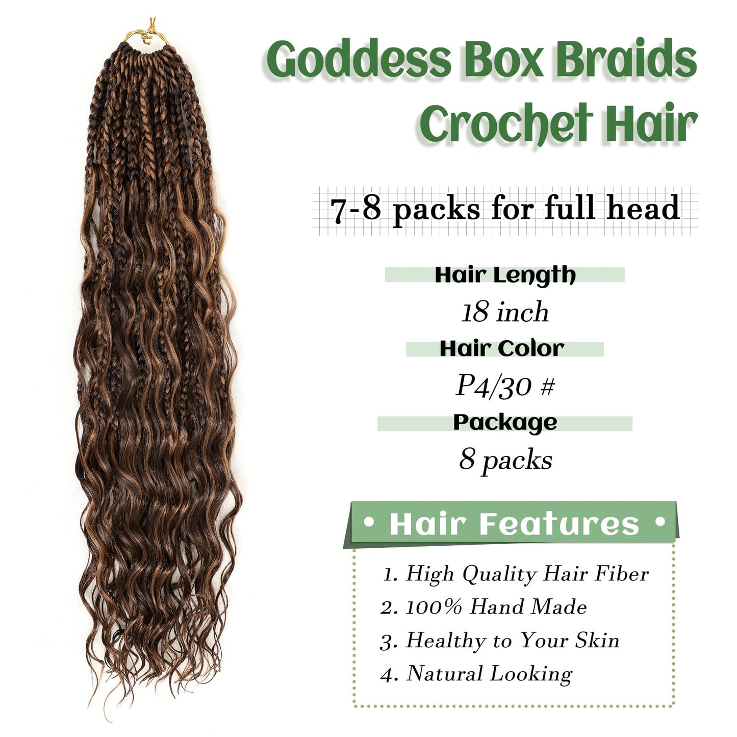 Eerya 8 Packs Boho Goddess Box Braids Crochet Hair for Black Women 18 inch Pre-looped Bohemian Crochet Box Braids With Curly Ends Synthetic Crochet Hair Extensions (18 inch, P4/30)