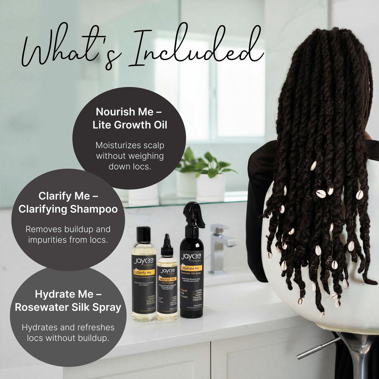 Jaycee Naturals 3-Step Loc Maintenance Kit - Clarify Weekly, Hydrate Daily & Seal Moisture | Shampoo, Rosewater Spray & Lightweight Oil for Locs & Textured Hair - Supports Healthy, Breakage-Free Locs