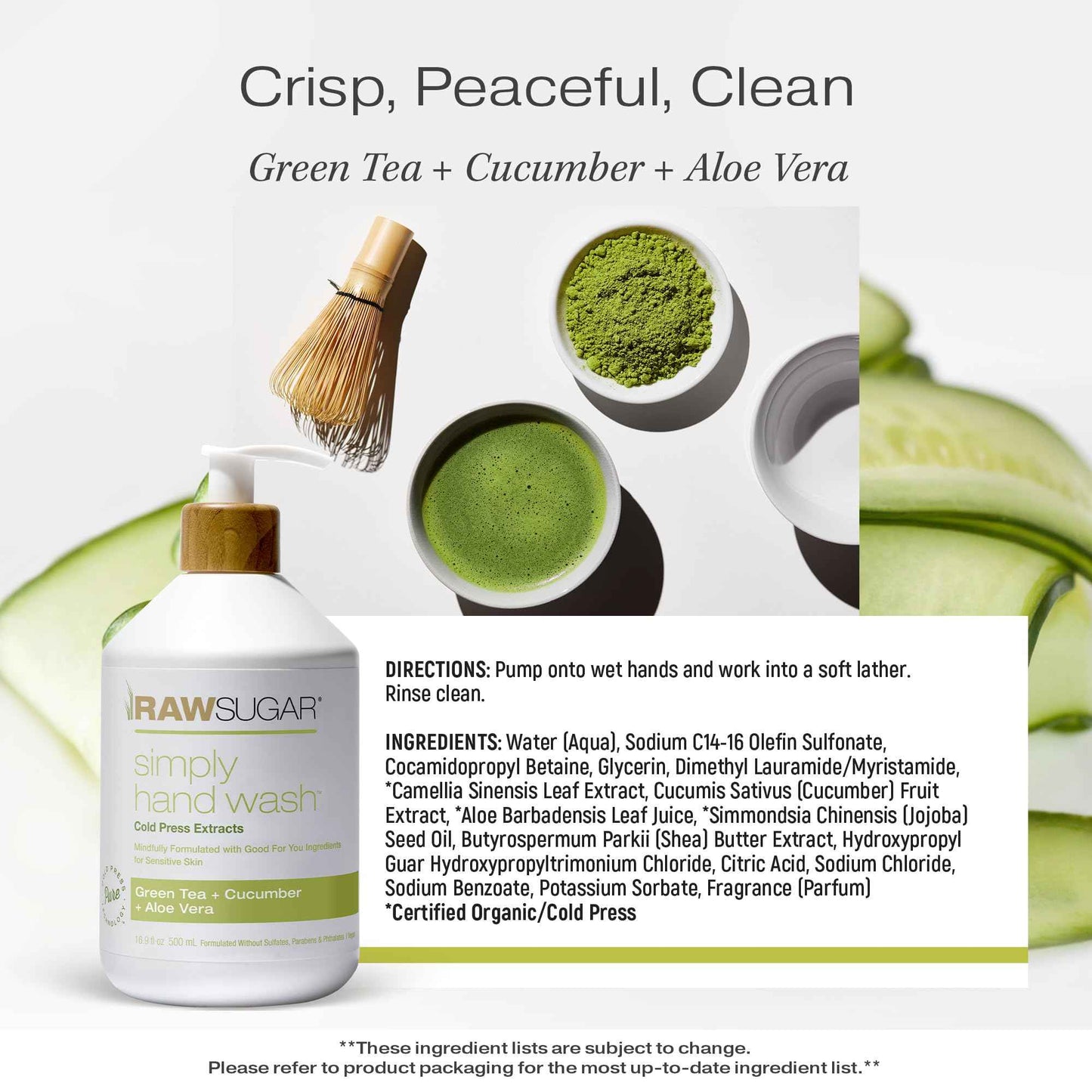 RAW SUGAR Simply Hand Wash, 16.9 Fl Oz (Pack of 4) Green Tea Liquid Hand Soap for Kitchen or Bathroom, Cleanses & Refreshes Hands, Formulated without Sulfates & Parabens