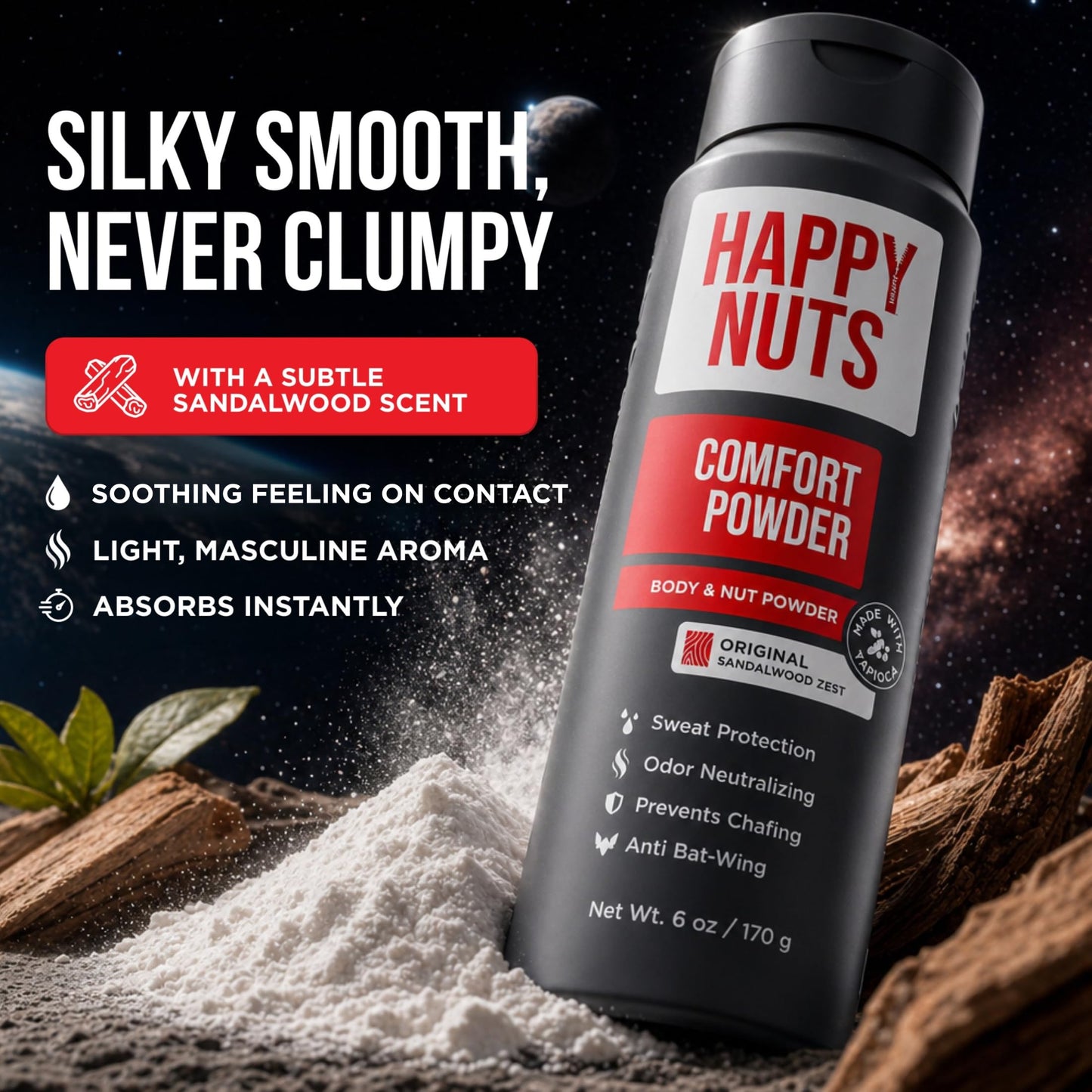HAPPY NUTS Comfort Powder Deodorant For Men: Anti-Chafing Sweat Defense, Odor Control, Aluminum-Free, 6 oz (3 Pack), Original Scent
