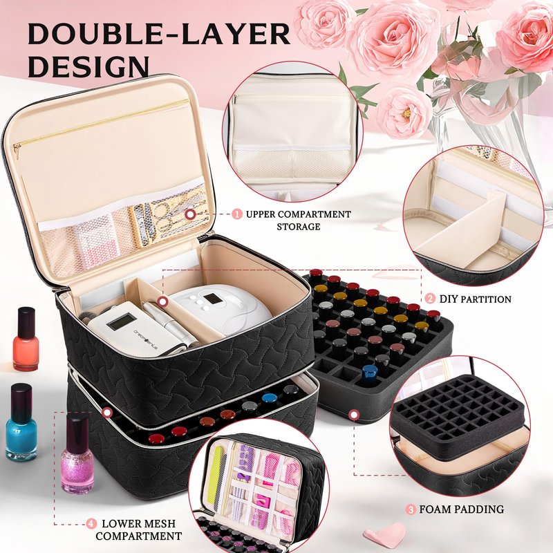 DreamGenius Nail Polish Organizer Case Holds 42 Bottles, Portable Double-Layer Nail Polish Storage Bag with Adjustable Dividers for Manicure Tools, Black