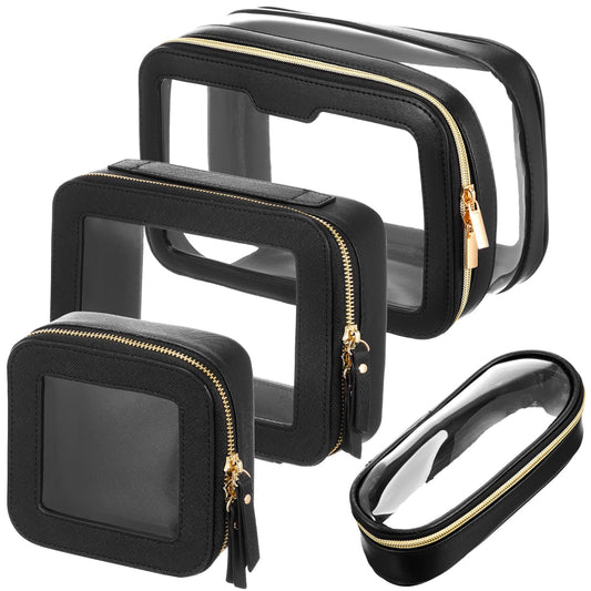4 Pcs Leather Clear Makeup Bags Set for Women Travel Clear Cosmetic Case Toiletry Bags with Zipper Makeup Brush Case Waterproof Organizer Storage for Women Men Travel Accessories, 4 Sizes(Black)