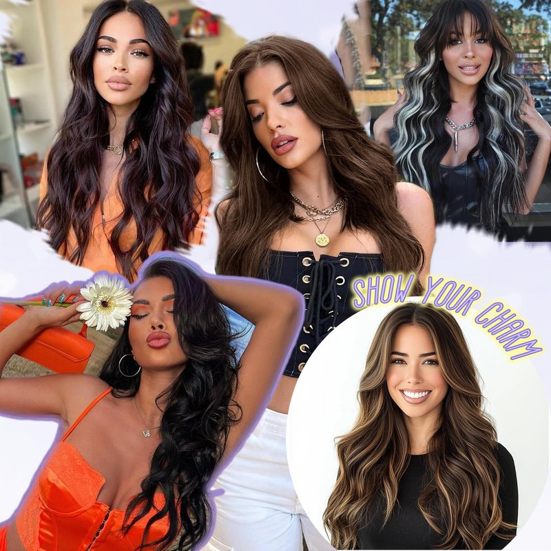 WOKAA Synthetic Clip in Hair Extensions Long Wavy Hair Extension Clip ins 5Pcs 20 Inch Black mix Blonde Thick Hairpieces for Women