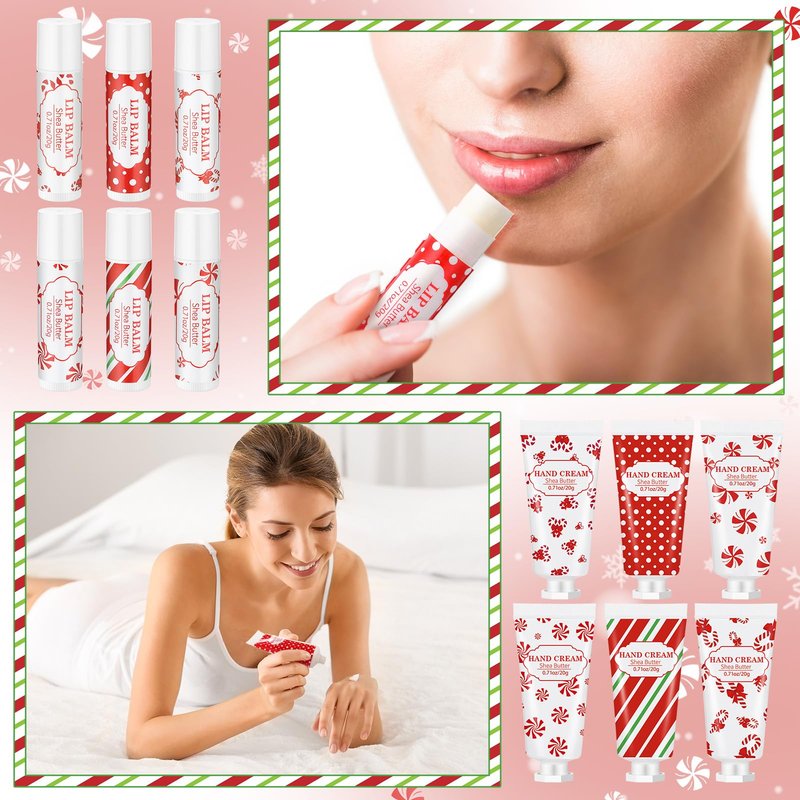 Leelosp 24 Pcs 12 Sets Christmas Hand Cream and Lip Balm Gift Set Bulk Mini Travel Size Lotion and Lip Balm with Peppermint Candy Theme Xmas Stocking Stuffers Thank You Gift for Women Staff Coworker