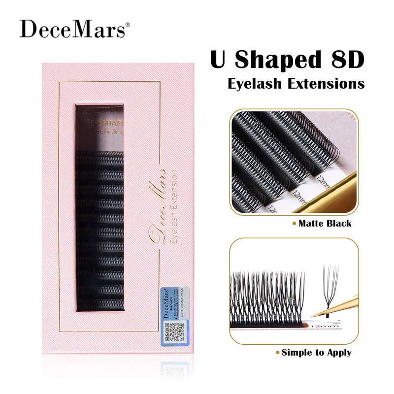DeceMars 8D U Shaped Eyelash Extensions Easy Fans Double Tips 4D Russian Volume Crisscross Eyelashes Natural Soft YY Lash Extensions Handwoven Mesh Wispy Clusters Matte Black-0.07mm-D-8-15mm Mix