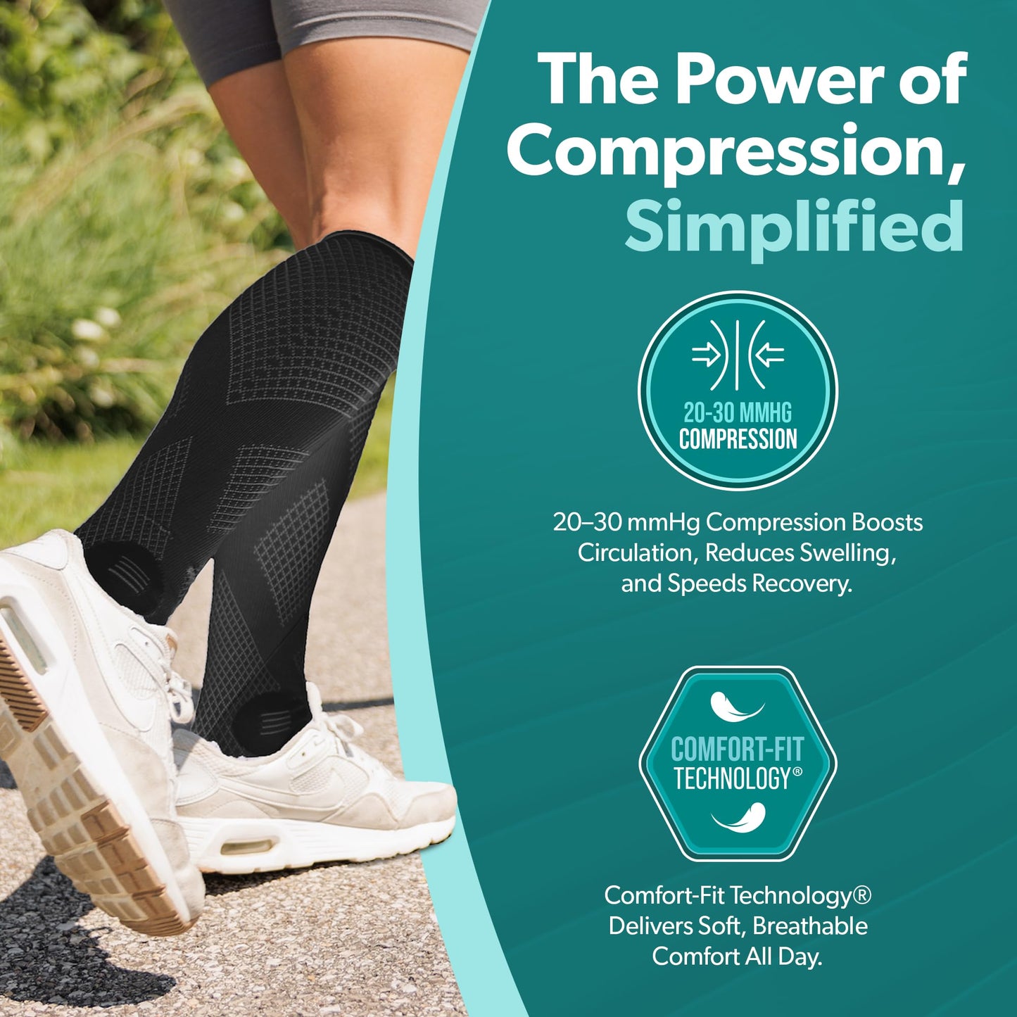 BraceAbility Compression Socks for Circulation - 20-30 mmHg Knee High Neuropathy Open Toe Stockings for Varicose Veins, Swelling, RLS, Medical Toeless Support for Men or Women - 1 Pair (M - Black)