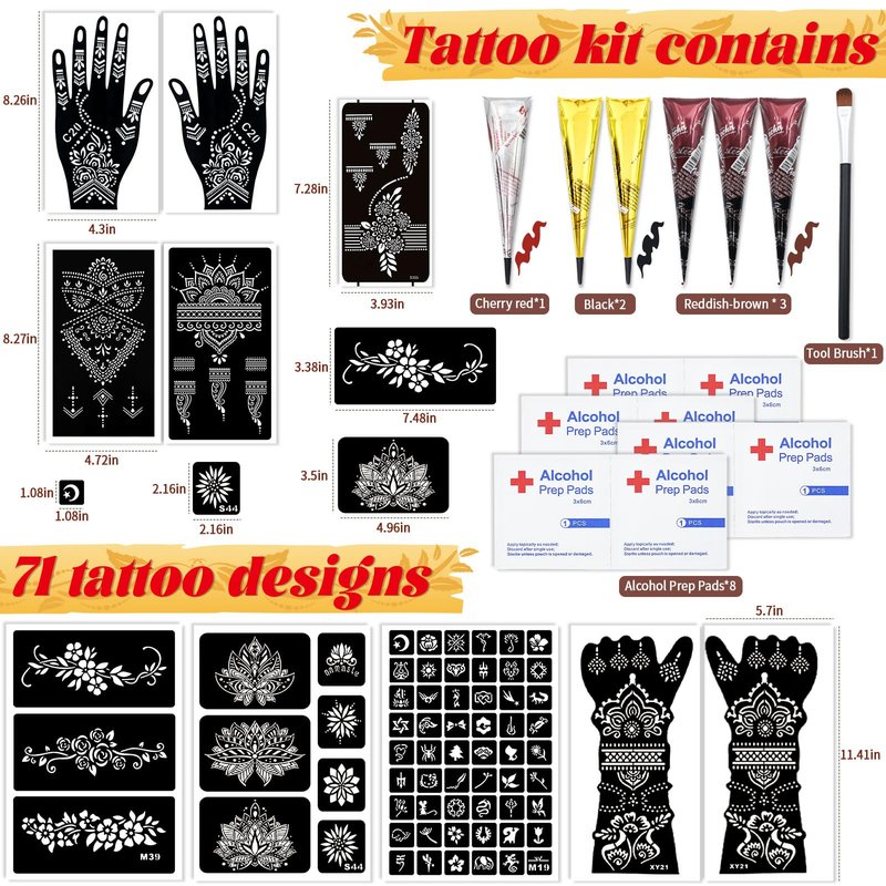 Temporary Tattoo Stencil Kit 10 Sheets (7 Large Hand & Half Arm), 6 Pcs 3 Color Cones (Black/Brown/Cherry Red),Temporary Tattoos for Adults Kids Men Women,DIY Body Art with Stencils