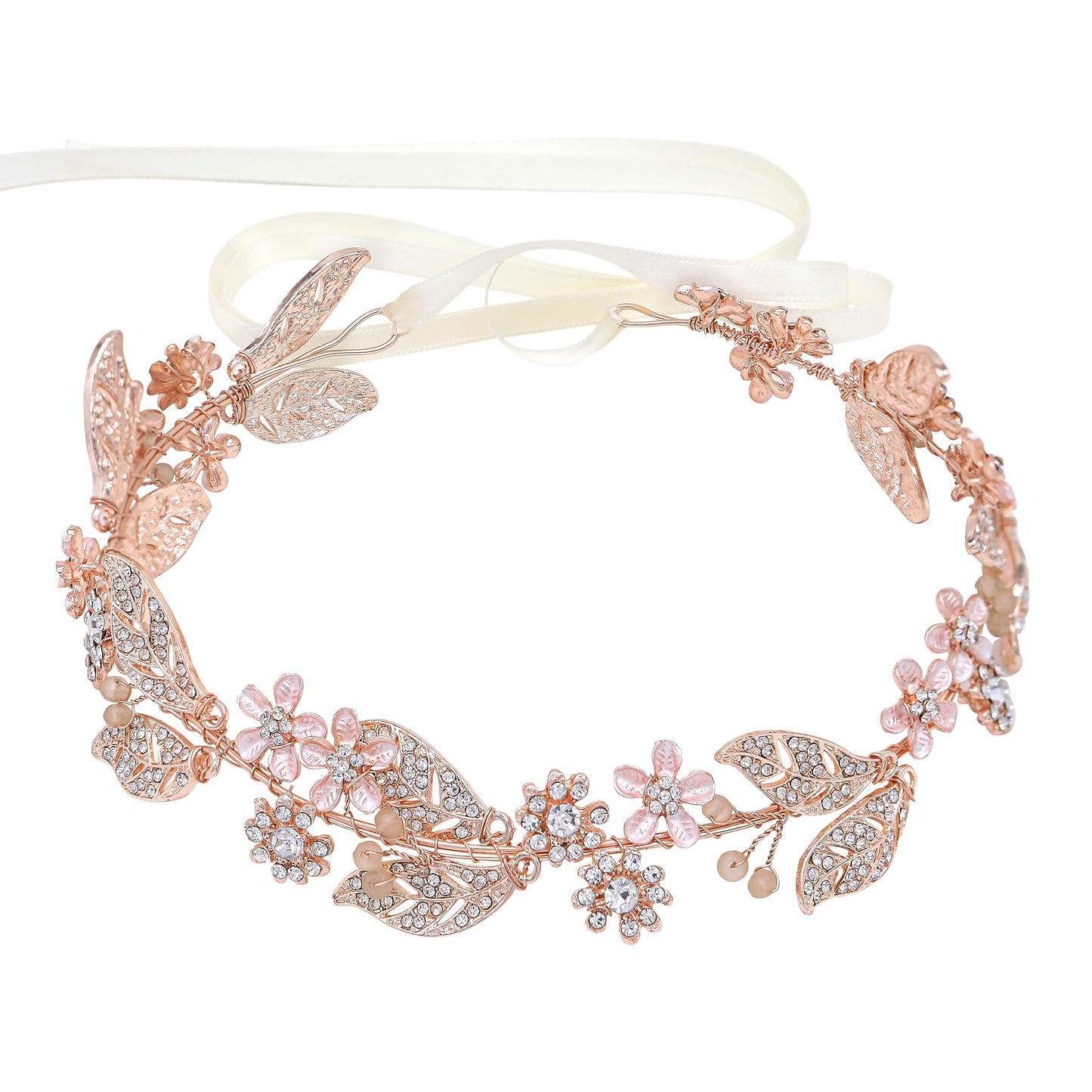 Ammei Headpiece Rose Gold Wedding Headband Flower Leaves Design Hair Vine Bridal Headpiece Wedding Hair Accessories (Rose Gold)