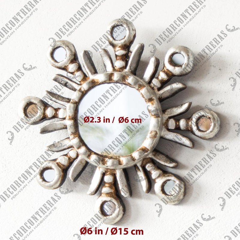 DecorContreras Handmade Small Sun Mirror from Peru – Hand-Carved Wood Round Mirror 6in with Silver Leaf Finish - Unique Gift for Housewarming or Birthday (Silver)