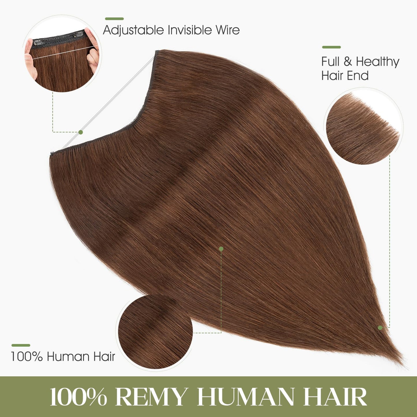 Charites Halo Hair Extensions Real Human Hair Invisible Wire Extensions with Transparent Fish Line Adjustable Size Medium Brown 12 inch