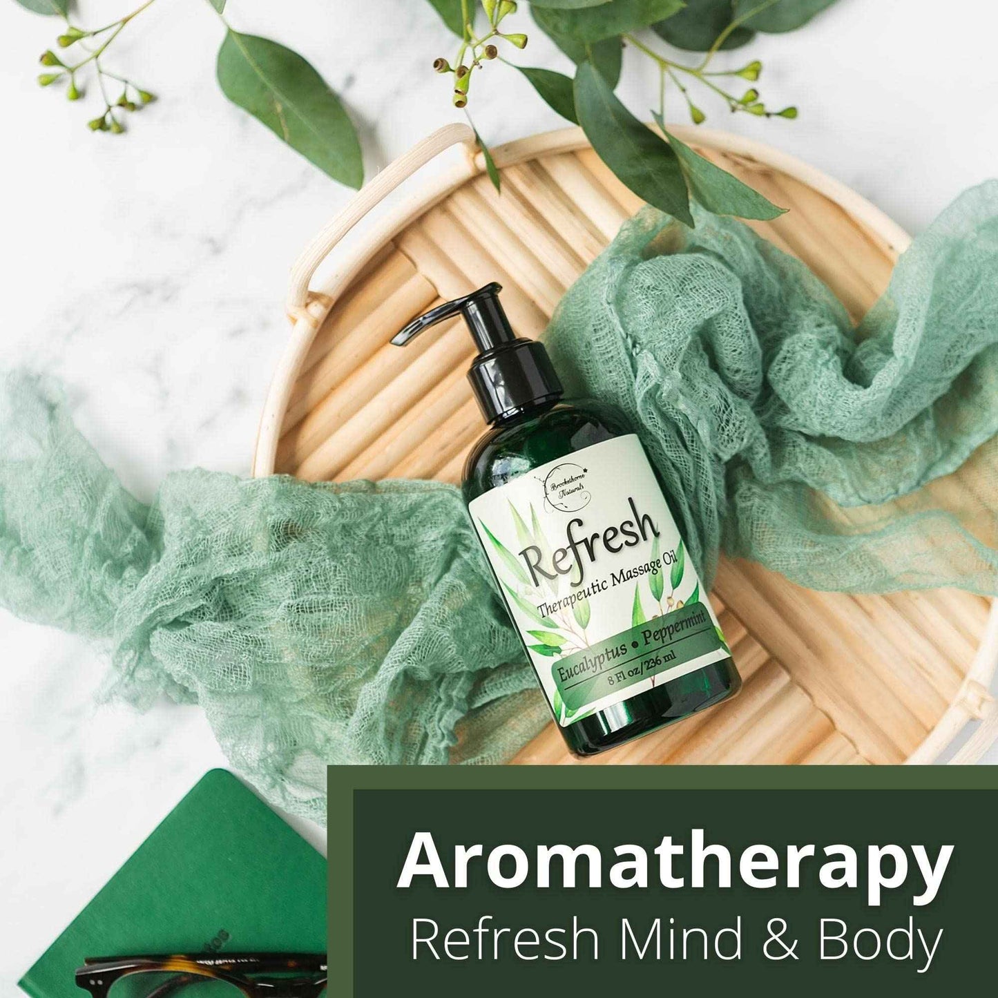 Refresh Massage Oil for Massage Therapy with Eucalyptus & Peppermint Essential Oils - All Natural Sore Muscle Relief. Ideal for Full Body Relaxation – Nut Free Formula 8oz