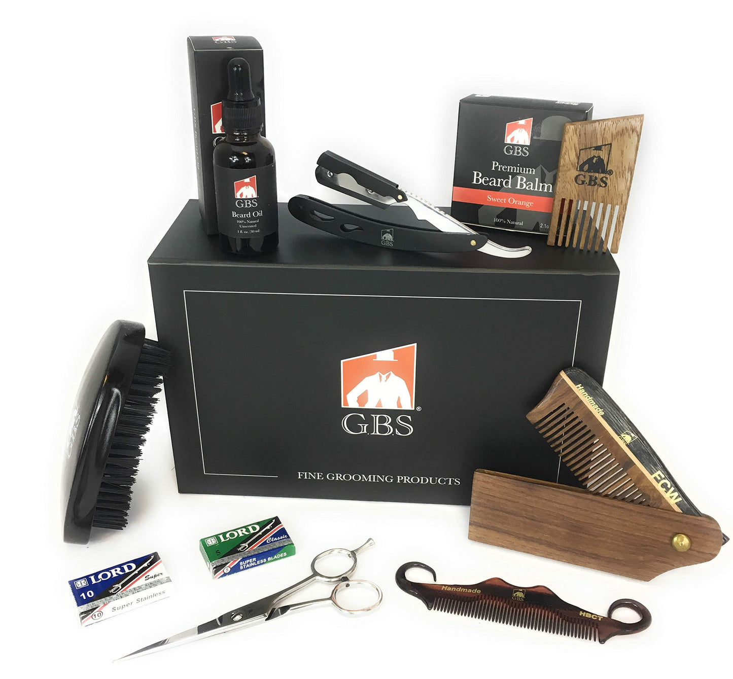 G.B.S Beard Grooming and Trimming Kit for Men, Beard Brush, Folding Comb, Mustache Comb, Beard Balm Wax and Unscented Oil, Barber Razor, Barber Scissors