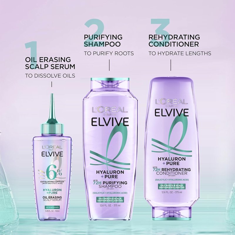 L'Oreal Paris Elvive Hyaluron + Pure Shampoo & Conditioner Set - Clarifying & Hydrating Duo with Salicylic Acid | 1 Kit