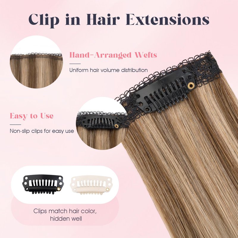 TESS 6PCS Clip in Short Hair Extensions Real Human Hair 6 Single Mini Clips in Extensions Lace Weft Straight Hairpiece for Women Add Highlight and Volume 14 Inch, Chocolate Brown Mixed Light Brown