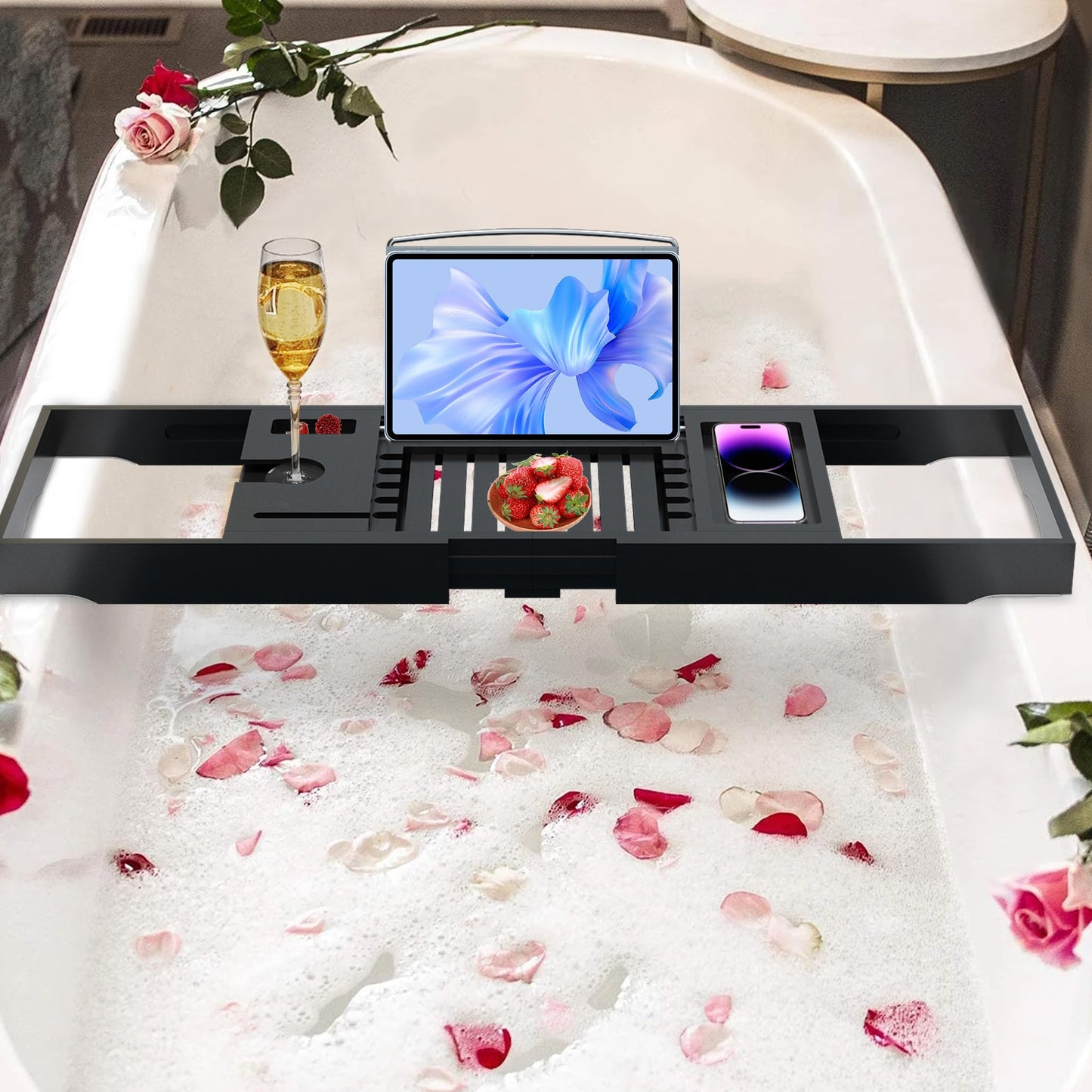 Artmalle Bathtub Caddy Tray for Tub,Foldable Bamboo Bath Table Tray with Book and Wine Glass Holder, Free Soap Dish Suitable for Luxury Spa or Reading,Natural