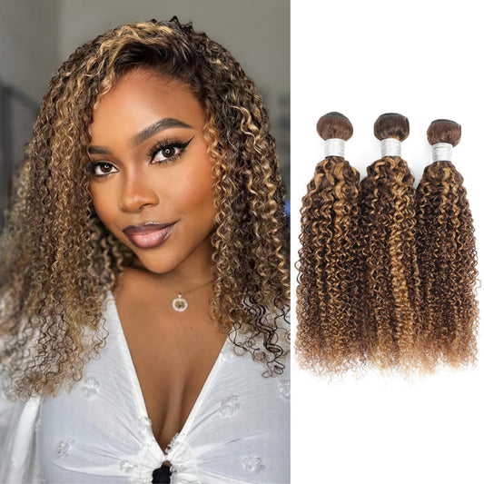 AUROO #P4/27 Highlighted Kinky Curly Single Bundles Human Hair 12Inch, 12A 100% Virgin Honey Blonde Highlight Brazilian Tight Curly Bundles Thick Track Brazilian Ombre Brown Colored Weaves Sew In Remy