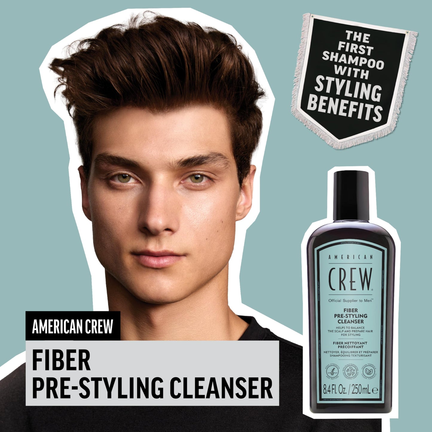 AMERICAN CREW Men's Pre-Styler Fiber Shampoo for Damaged & Fine Hair, Strengthening & Scalp Balancing, Adds Thickness & Shine, Vegan, 8.4 fl oz