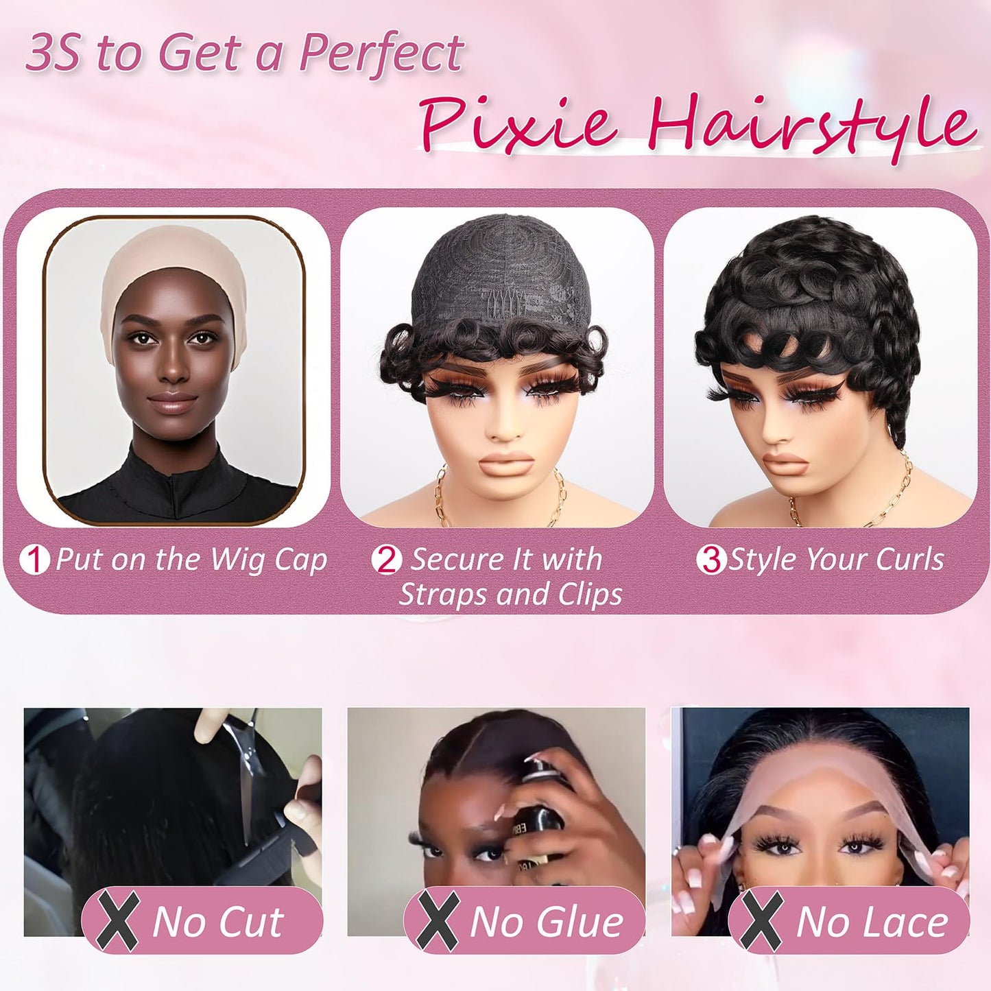 CRYSTALHAIR Short Curly Pixie Cut Wigs for Black Women, Loose Wave Short Curly Pixie Cut Wig Brazilian Virgin 100% Human Hair Wear and Go Glueless Layered Pixie Curly Wigs With Bangs for Daily Use