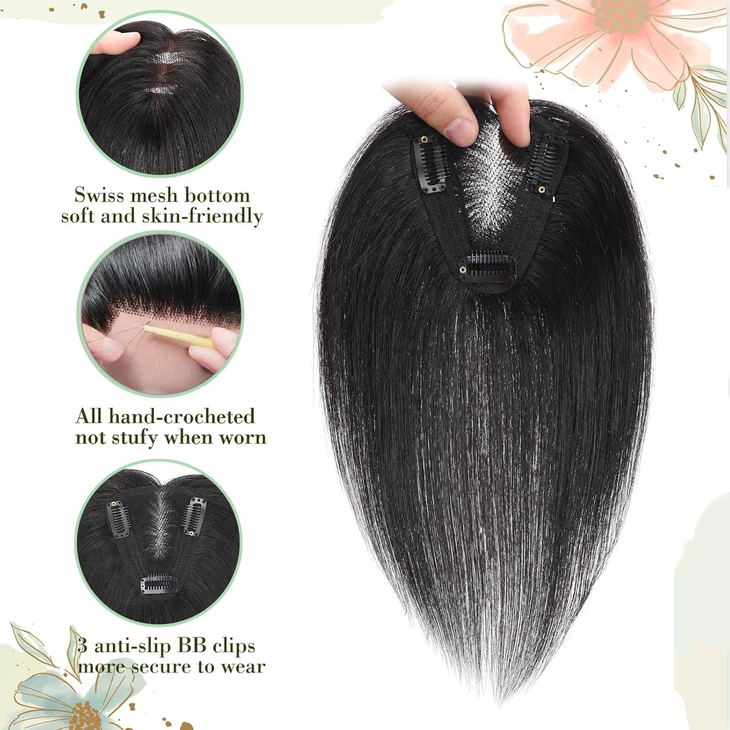 Black Hair Toppers for Women - Real Human Hair 3D Design | No Bangs, 10 Inch for Thinning Hair