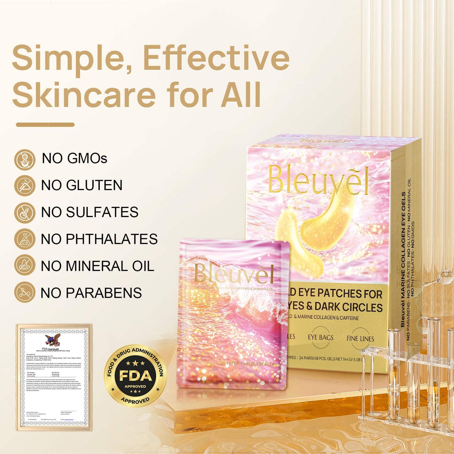 Bleuvél Under Eye Patches - 24K Gold Eye Mask for Puffy Eyes and Dark Circles, Wrinkles, Fine Lines, Collagen Skin Care Products, Gel Eye Patches for Dark Circles, Puffy Eyes, Undereye Bags