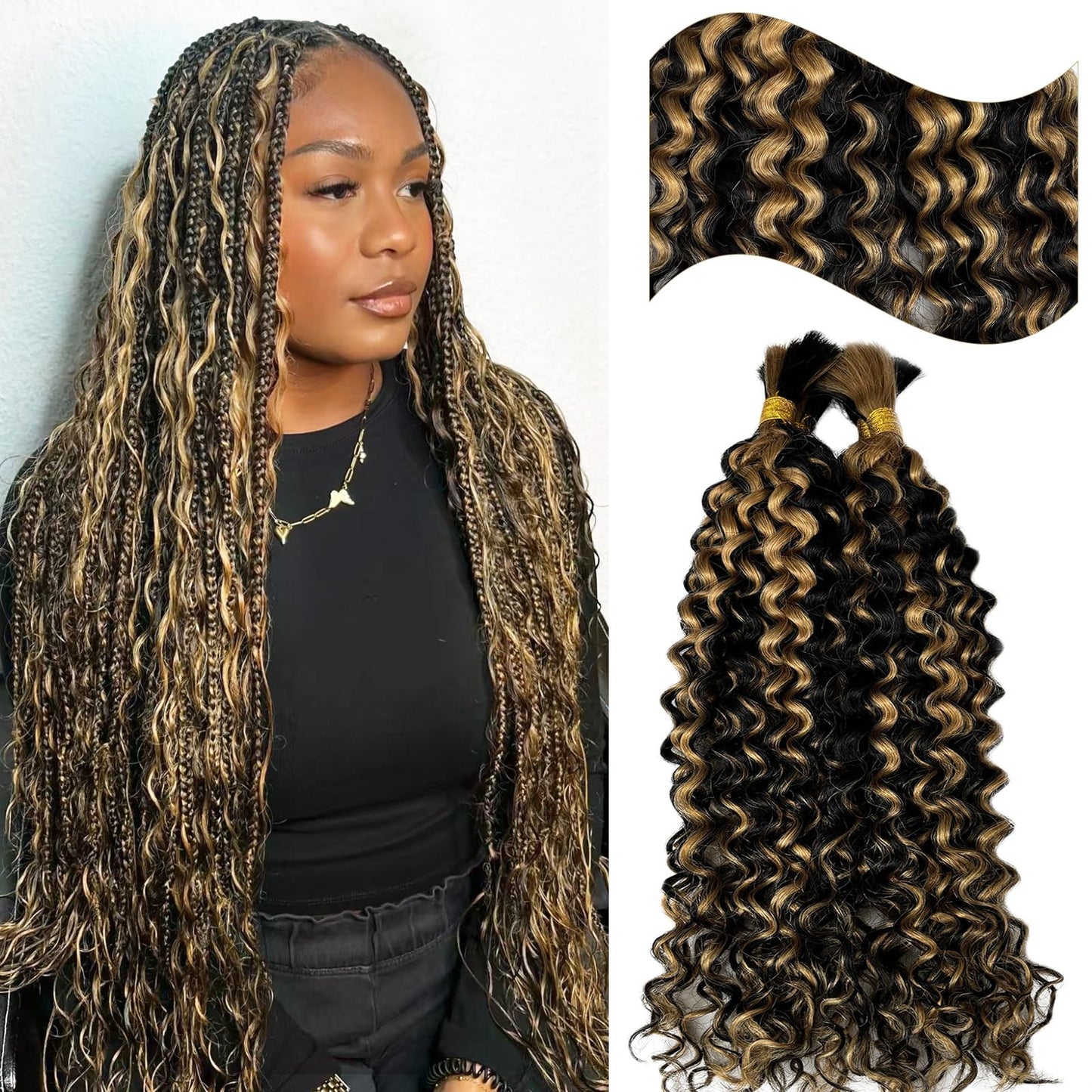 Blonde Human Braiding Hair 18 Inch Deep Water Wave Boho Human Hair for Braiding Color #24 Light Blonde Bundles 100% Burmese Human Hair for Boho Braids Two Bundles 100G Weft and Wavy Curly Bulk Hair