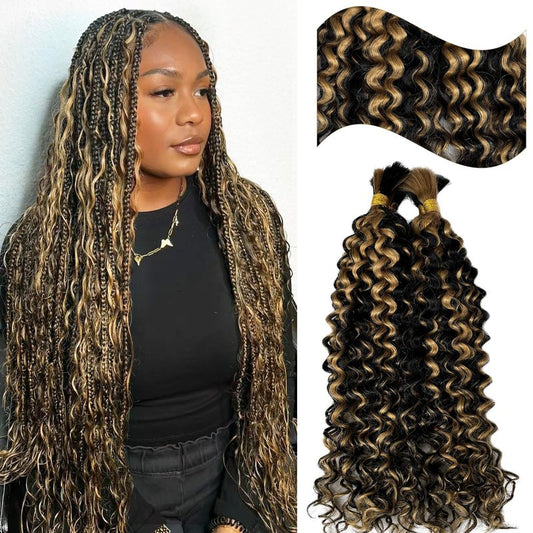 Blonde Human Braiding Hair 18 Inch Deep Water Wave Boho Human Hair for Braiding Color #24 Light Blonde Bundles 100% Burmese Human Hair for Boho Braids Two Bundles 100G Weft and Wavy Curly Bulk Hair