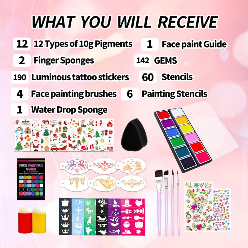 OMOV Face Painting Kit for Kids & Adults,12 x 10g Non Toxic, Water Based Face Paint Palette, With Glow Stickers, Stencils & Brushes,for Cosplay,Parties, Theater,Stage,Christmas & Halloween Makeup Kit