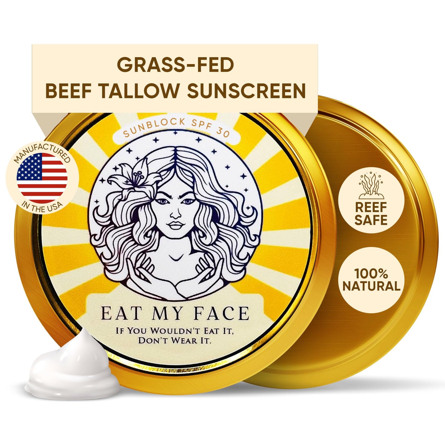 Eat My Face BEEF TALLOW Reef Safe Sunscreen SPF 30 – Non Nano Zinc Oxide – Water Resistant, Organic – Moisturizing Sunblock for Face & Sensitive Skin – 4oz Tin "If You Wouldn't Eat It, Don't Wear It!"
