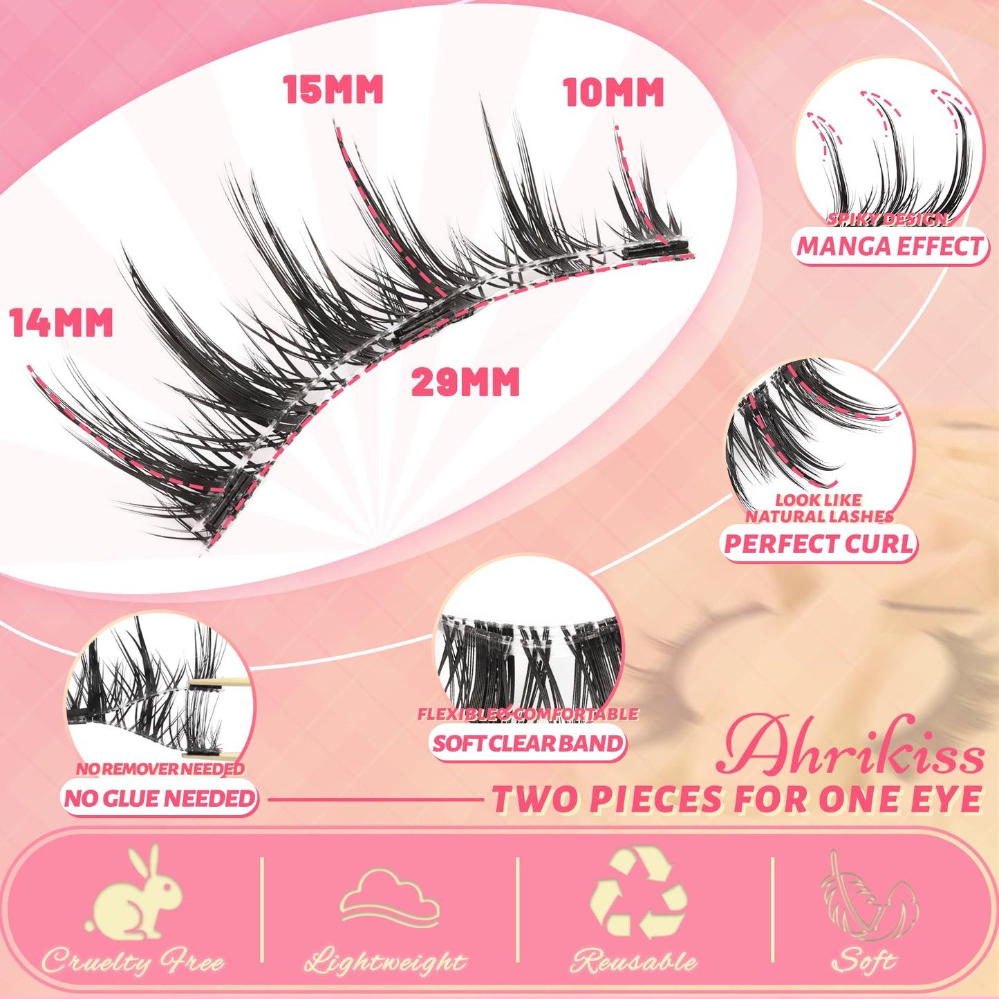 Ahrikiss Magnetic Eyelashes 1 Pair Reusable Magnetic Lashes with Applicator Manga Lashes Natural Look No Glue Needed Lash Kit Wispy Anime False Eyelashes with Magnets (M01)