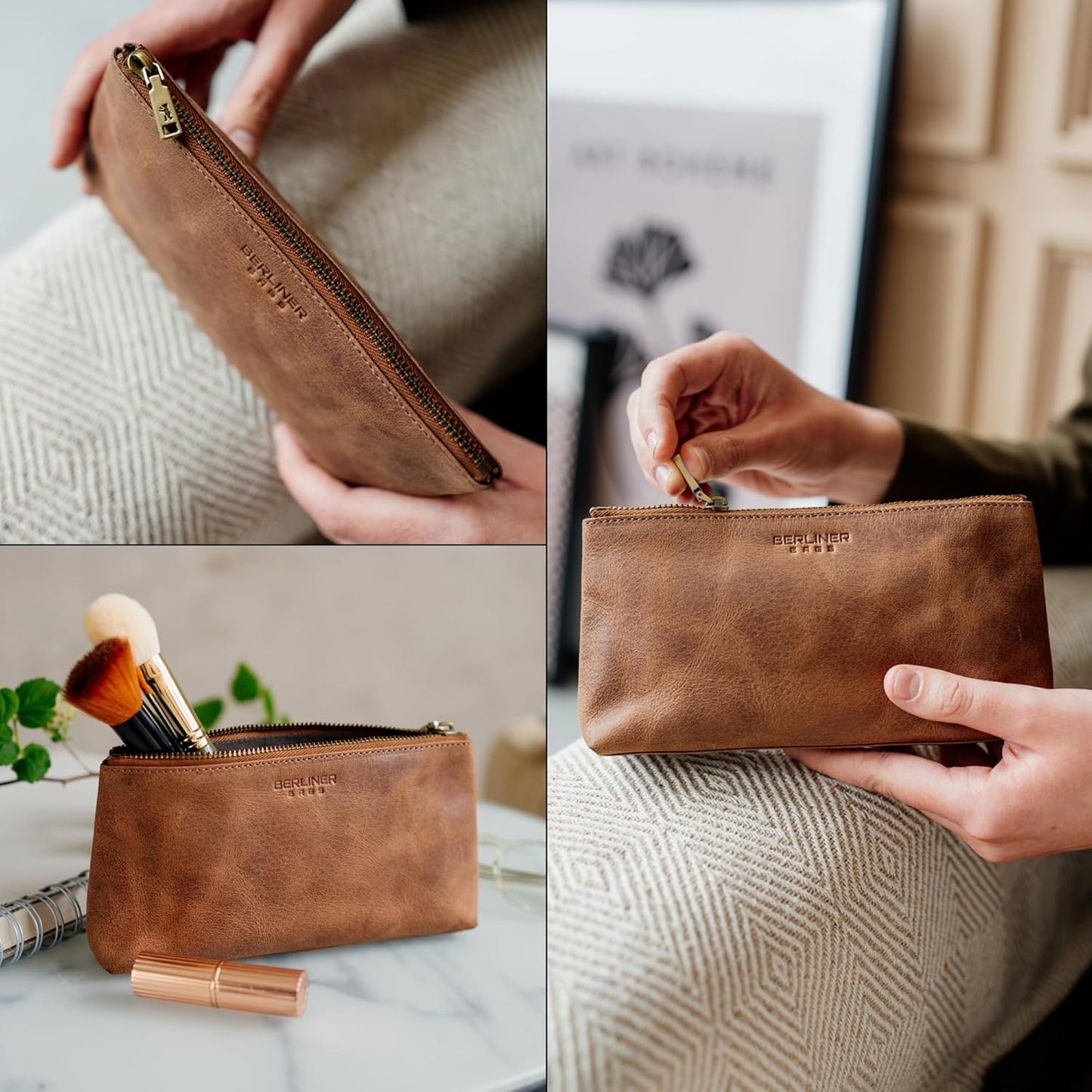 Vintage Genuine Leather Makeup Bag | Anna Cosmetic Pouch for Travel - Brown
