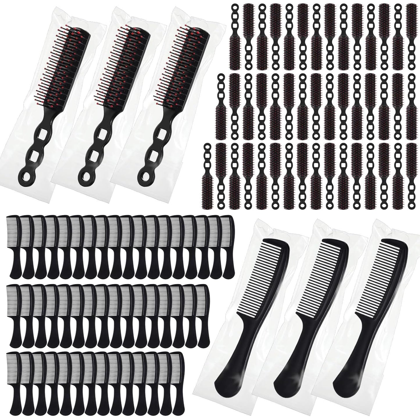 Hair Brush and Comb Set - 144 Pack Individually Wrapped Detangling Brushes for Curly Hair | Ideal for Shelters, Nursing Homes, and Charities - Black