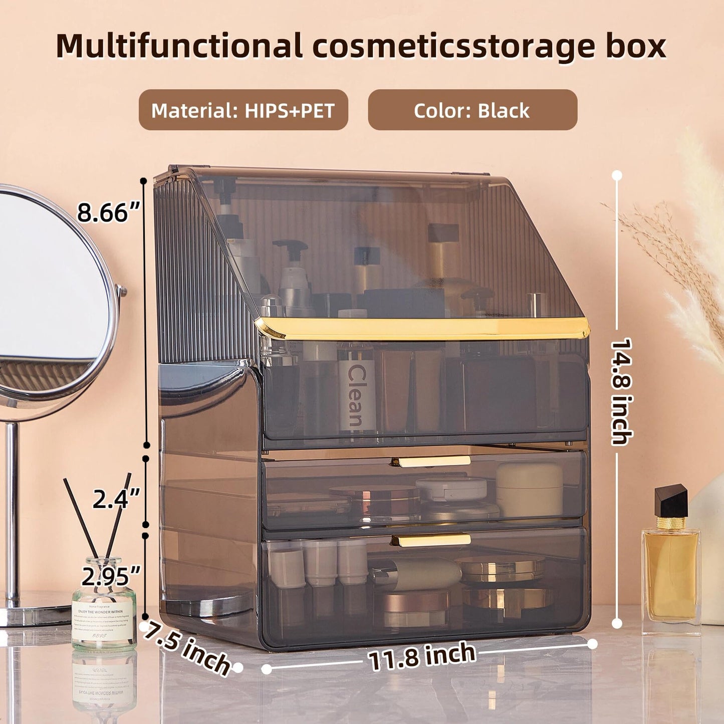 Large Cosmetic Organizer with Lipstick Holder Fully Transparent with Drawers, Dustproof Waterproof Bathroom Counter Storage for Skincare Lipstick Makeup Brushes(White)