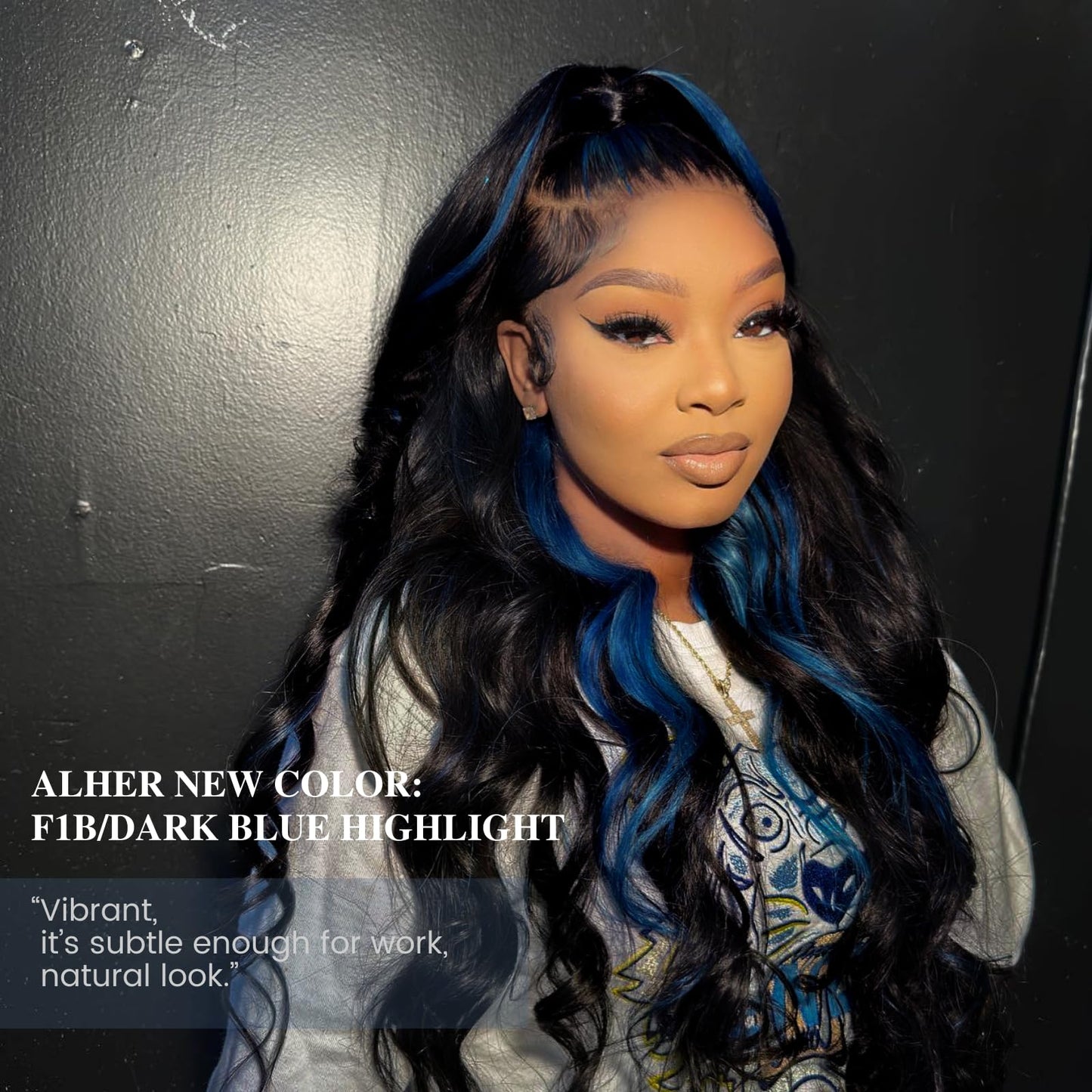 ALHER Black Mix Blue Highlight Body Wave Long Deep Part 2x6 Lace Closure, #1B/Blue Colored 2x6 Kim K Lace Closure Pre Plucked with Baby Hair, 12A 100% Brazilian Virgin Remy Human Hair 14 Inch