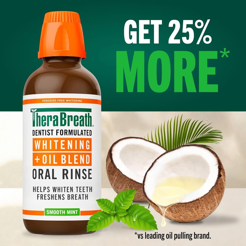 TheraBreath Whitening Oral Rinse - Alcohol-Free Mouthwash for Whiter Teeth & Fresh Breath | Smooth Mint, 16 Fl Oz