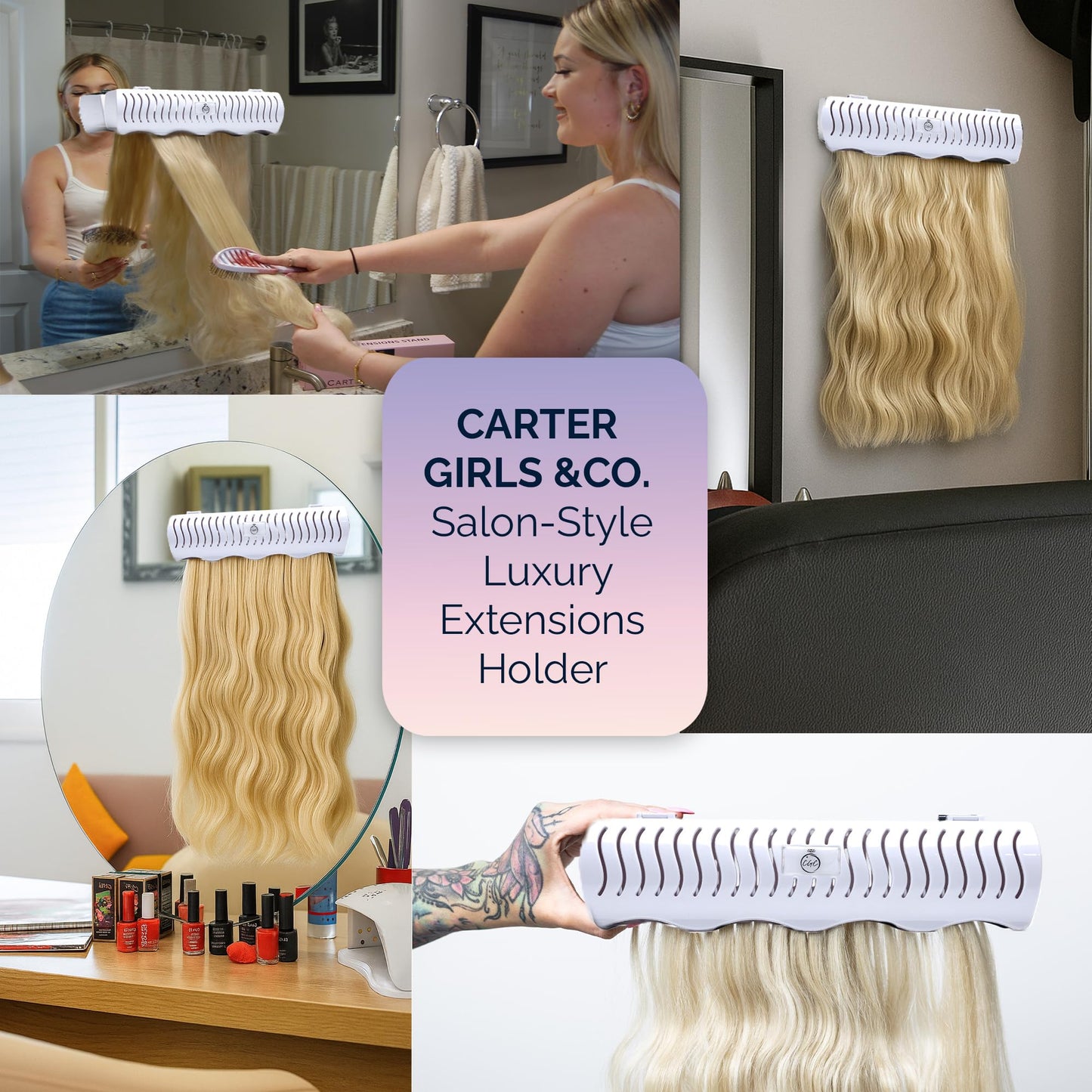Carter Girls & CO. Hair Extension Holder 4 Mounting Options & Tools | Fully Equipped Hair Extension Hanger with Holds Clip-ins, Tape-Ins, Wefts for Washing, Styling, Storage & Travel (White)