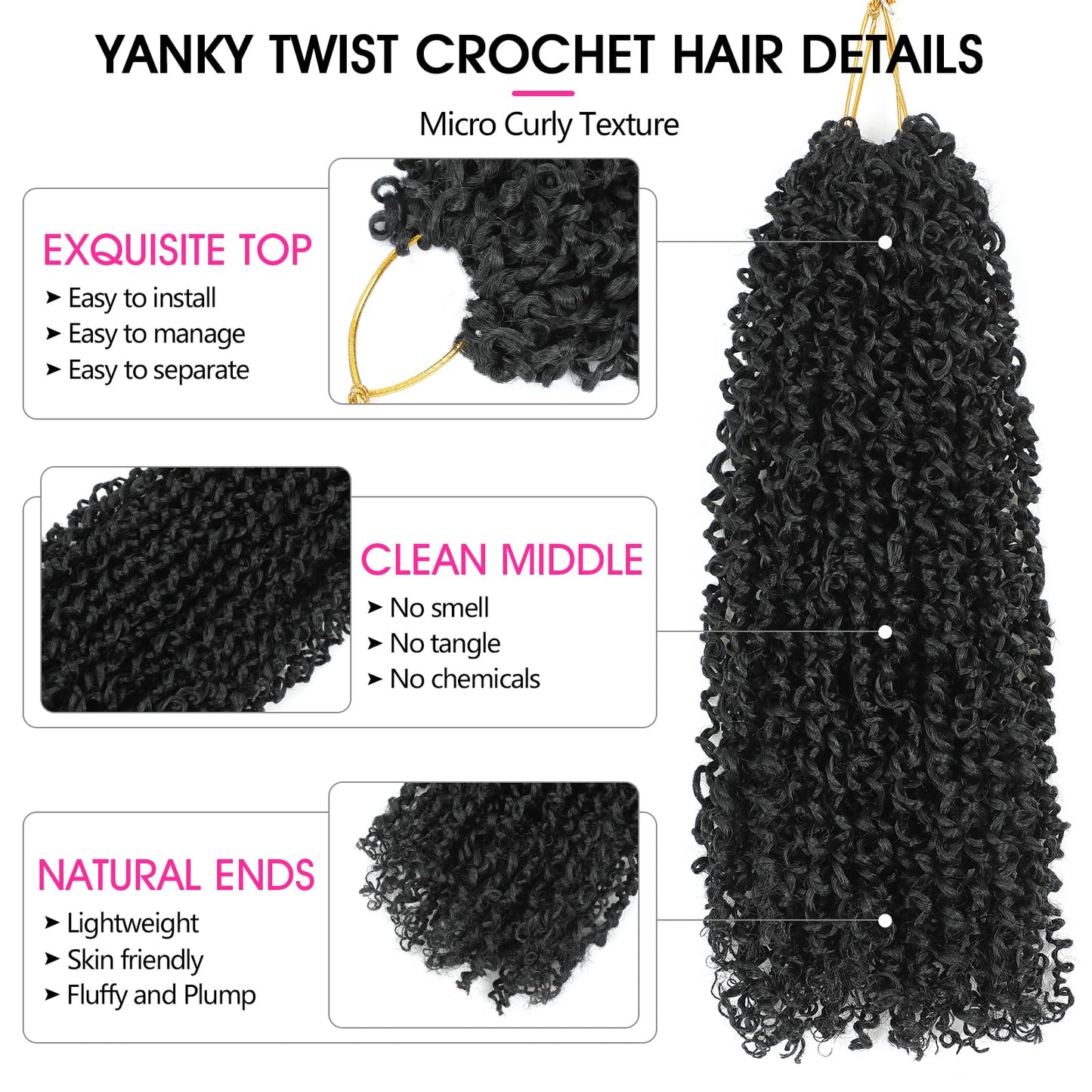 NAYOO 14 Inch Yanky Twist Crochet Hair - 8 Packs (30 Stands/Pack) Mini Passion Twist with Curly Ends Synthetic Natural Black Pre-Looped Crochet Braids Braiding Hair(14 Inch, 1B)