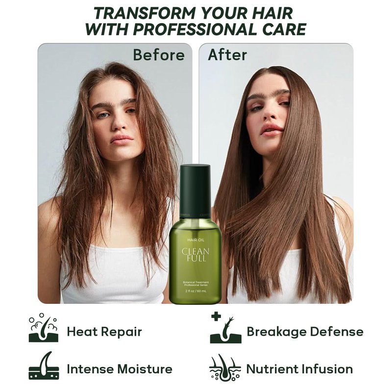 CLEANFULL Botanical Hair Oil for Dry & Damaged Hair, Lightweight Leave-In Hair Serum with Heat Protection, Frizz Control, Shine & Split End Care, Vegan & Cruelty-Free, Paraben & Sulfate Free (2 fl oz)