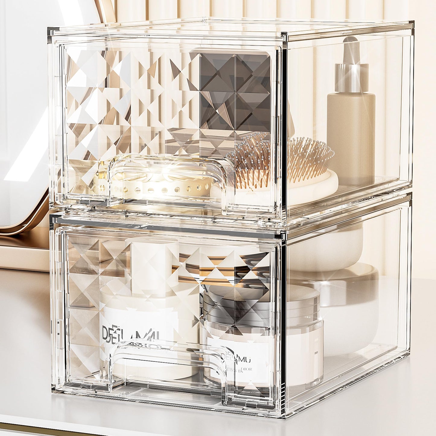 Delamu 6 Pack Stackable Storage Drawers, Makeup Skincare Holder Vanity Storage Organizer, Plastic Drawers For Vanity Desk, Undersink, Kitchen Cabinet, Pantry, Clear, Ideal Gifts for Women