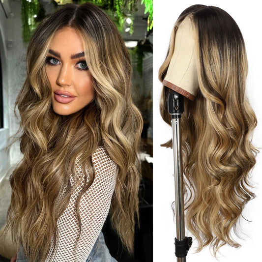 SAPPHIREWIGS Highlight Brown Lace Front Wig Long Wavy Ombre Brown Blonde 13x4 Synthetic Wear And Go Lace Front Wigs for Women Daily Party Use 26 Inches