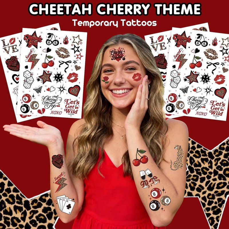 Red Cheetah Print Temporary Tattoos Birthday Party Decorations, 50 Y2K Patterns 4 Sheets | Leopard Cherry Party Favors for Girls Night Bachelorette Women Big Mama Out Glam Photo Booth Props