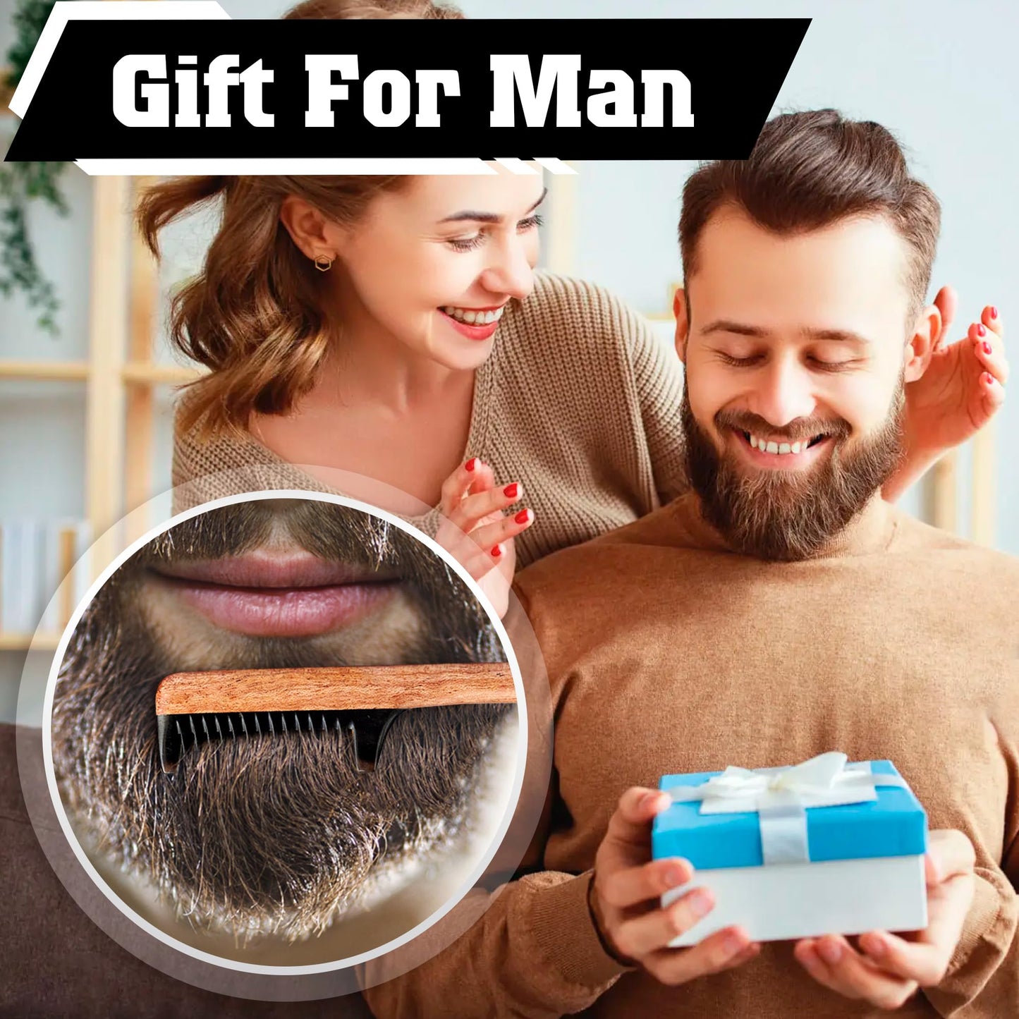 Vtuna 2-in-1 Beard Comb & Brush - Mustache & Beard Comb for Men. Handcrafted from Solid Wood, Buffalo Horn, and Cow Tail Hair. Comes in a Box, Perfect for Gifting.