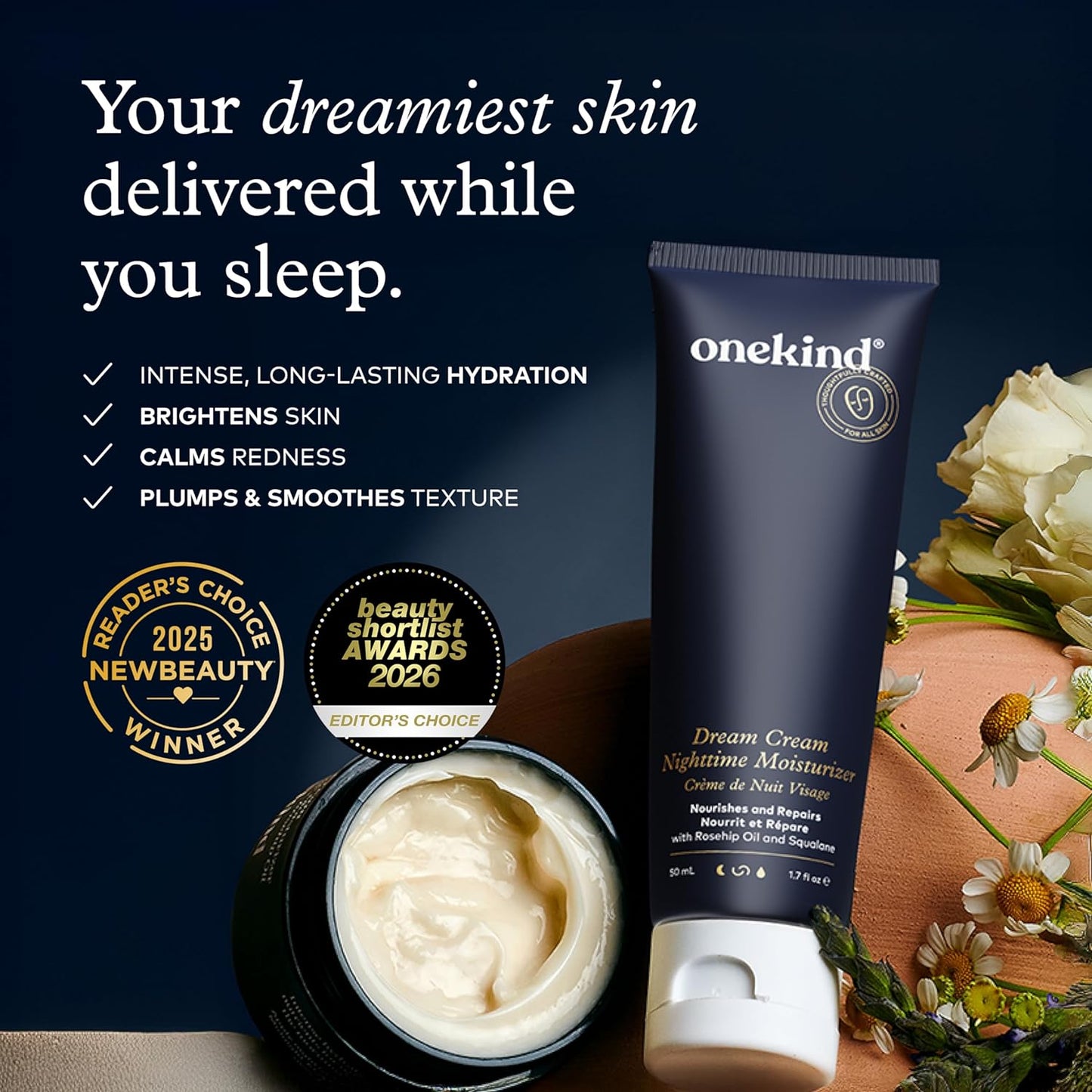 Onekind Night Moisturizer - Hydrating Dream Cream for Wrinkles & Anti-Aging | 1.7 oz, Squalane & Rosehip