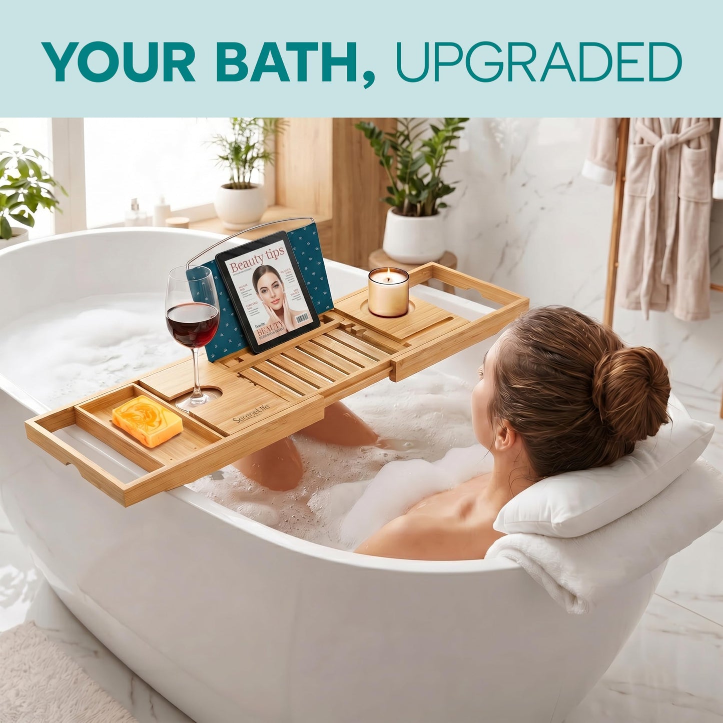 SereneLife Premium Bathtub Tray Caddy with Gift Box and Bow Set, Expandable Bath Tray, Unique House Warming Gifts for Mom, Women, Wedding, Anniversary, Bridal Shower, Fit for All Tub - Natural