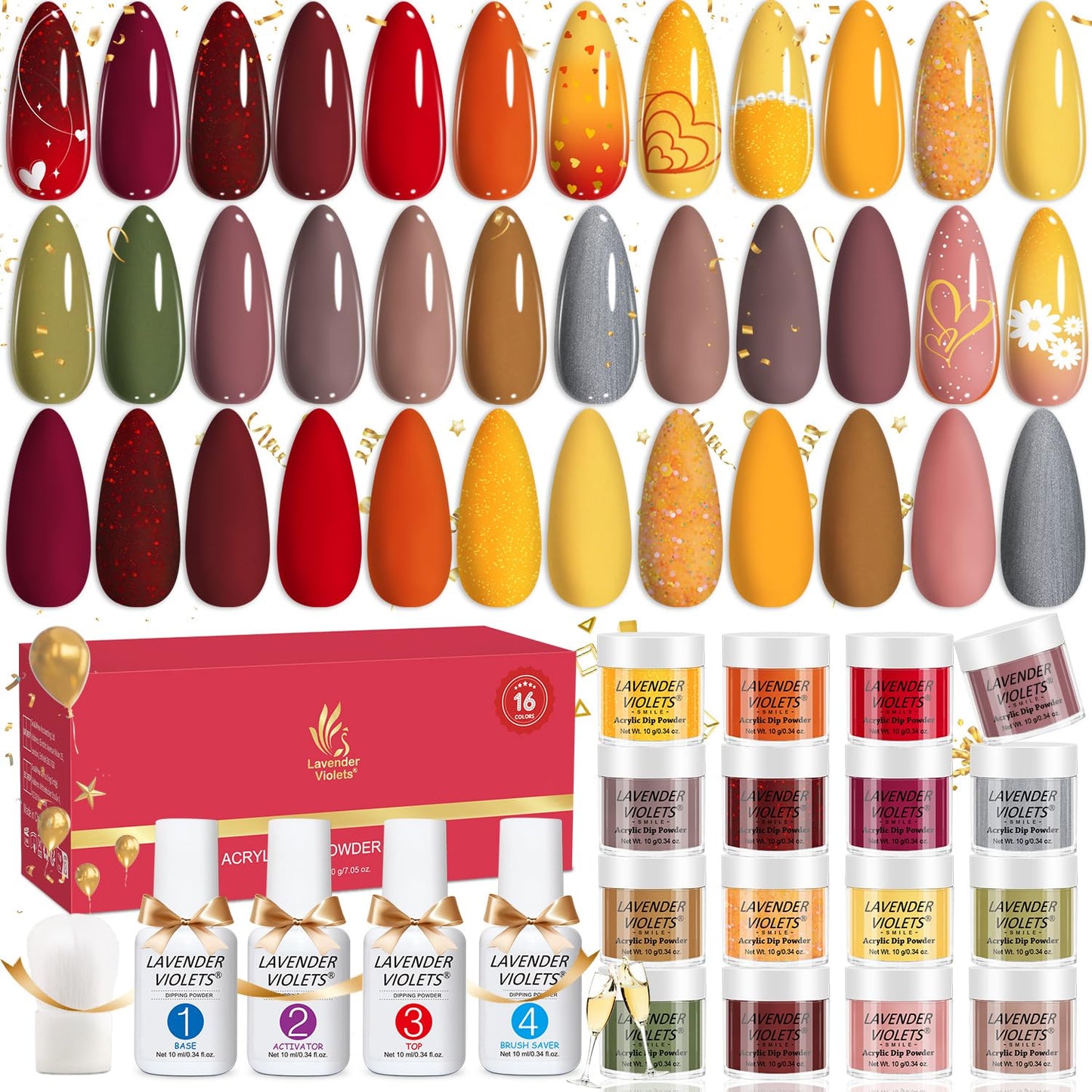 Lavender Violets 20 Pcs Dip Nails Powder Starter Kit -16 Colors Nude Skin Tones Neutral Acrylic Dipping Powder Liquid Set with Base Top Coat, Activator and Brush Saver for French Nail Art M962