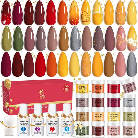 Lavender Violets 20 Pcs Dip Nails Powder Starter Kit -16 Colors Nude Skin Tones Neutral Acrylic Dipping Powder Liquid Set with Base Top Coat, Activator and Brush Saver for French Nail Art M962
