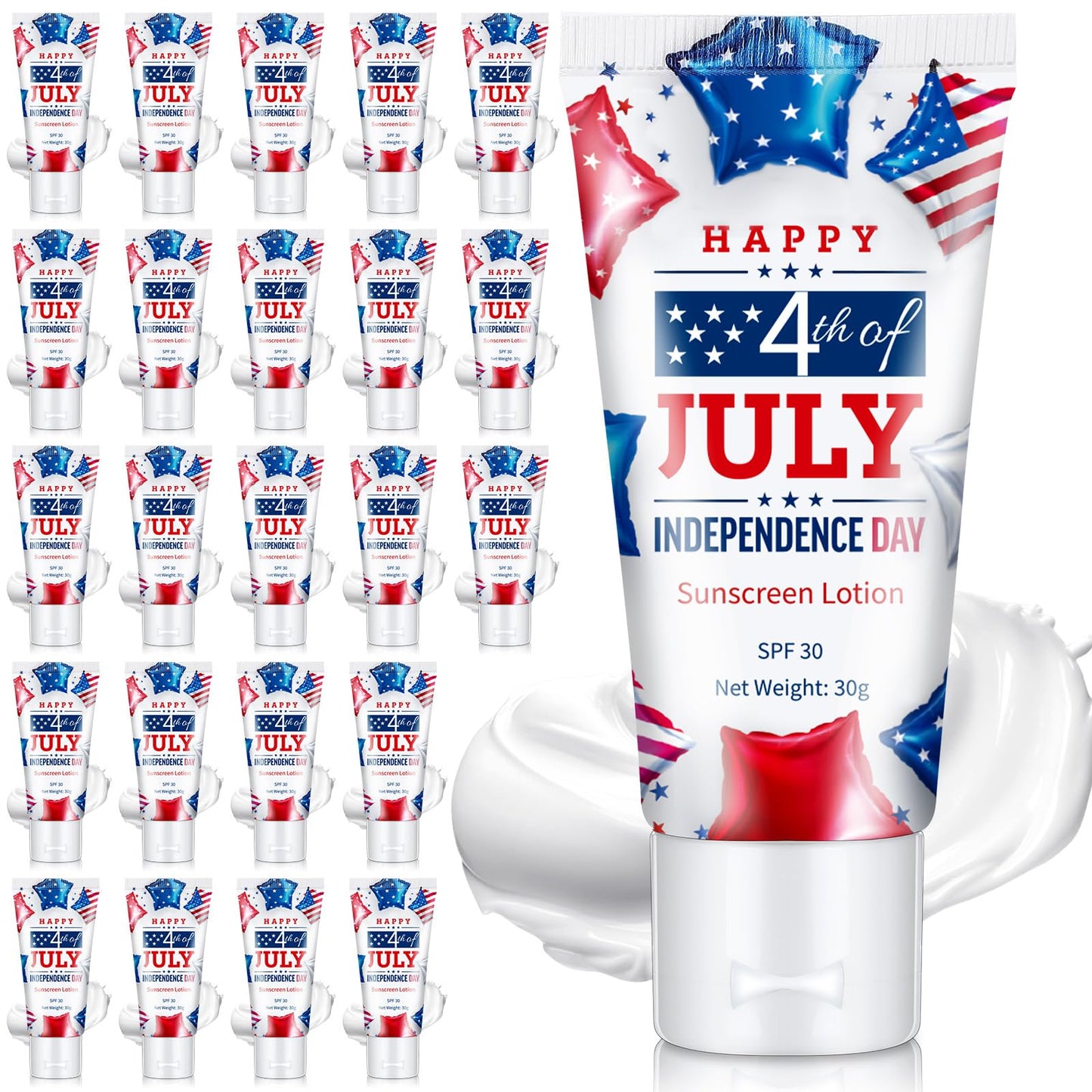 Dansib 24 Pcs Travel Size Mini Sunscreen Bulk for Summer Vacation Spf 30 Water Resistant Sunscreen Lotion Sunblock for Thank You Gifts Hawaiian Wedding Pool Party Favor (Independence Day)
