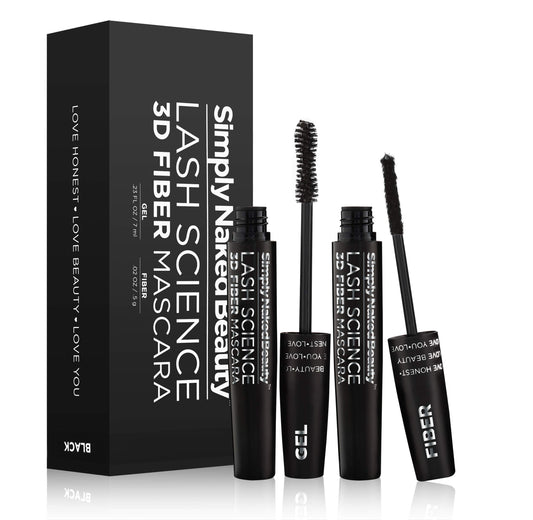 3D Fiber Lash Mascara Kit (2 tubes) by Simply Naked Beauty. Waterproof, lengthening voluminous, on lashes all day. Best and highest rated 3D and 4D gel and fiber formula. Non toxic, hypoallergenic, Natural. Black. One Gel Tube and One Fiber Tube included