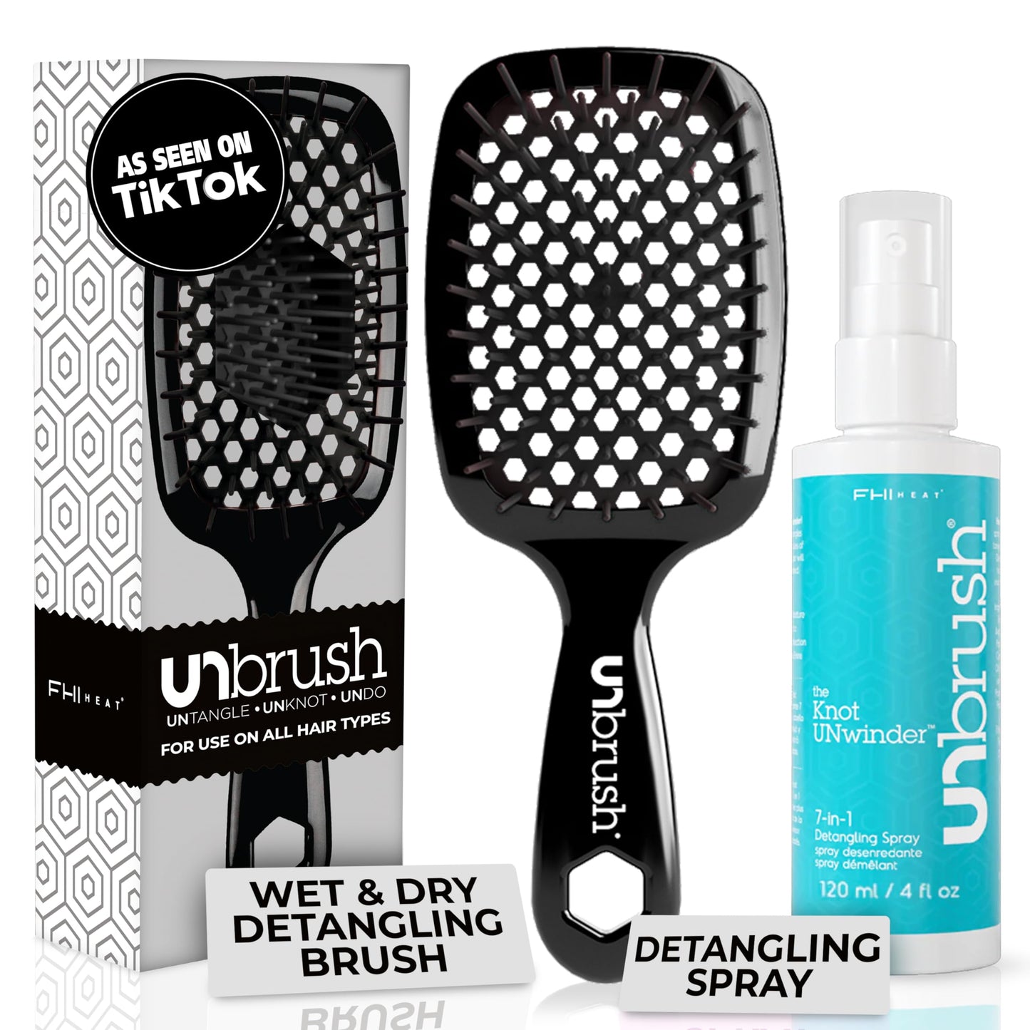 FHI Heat UNbrush Detangling Brush and UNwinder Detangling Spray Combo Pack - Tangle-Free Hair, Pain-Free Brushing, Anti-Static Bristles, Lightweight Hair Brush, Midnight
